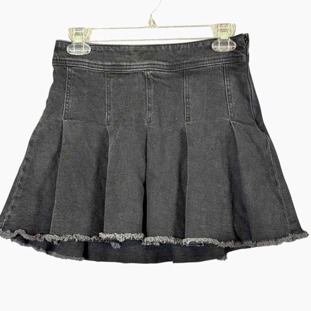 SO Micro Mini Pleated Skirt Black Denim Frayed Hem Y2K Style Sz 5/27 Goth